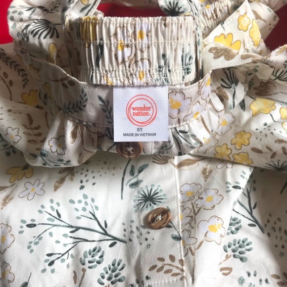 WONDER NATION Whimsical Floral Print Apron Style Skirt Ruffle Strap Jumper Dress - Picture 2 of 5